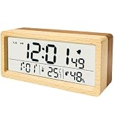 Wooden LCD Battery Operated Digital Alarm Clock with Snooze, Calendar, Temperature and Humidity D...