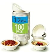 FYQFBJ 12 Oz Disposable Paper Bowls - 100 Pack Compostable Sugarcane Bowls, Heavy Duty Microwave ...