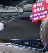 Car seat cushion with breathable mesh design, featuring blue accent stitching and ergonomic contouring, shown with hot sale promotional overlay.