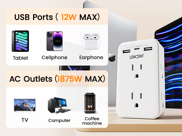 charge for TV, computer, laptop, coffe machine, cell phone, tablet, earphone, smat watch, speaker