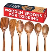 Teak Wooden Utensil Set 6-Piece - Smooth Finish Wooden Spoons for Cooking - Comfortable Grip, Non...