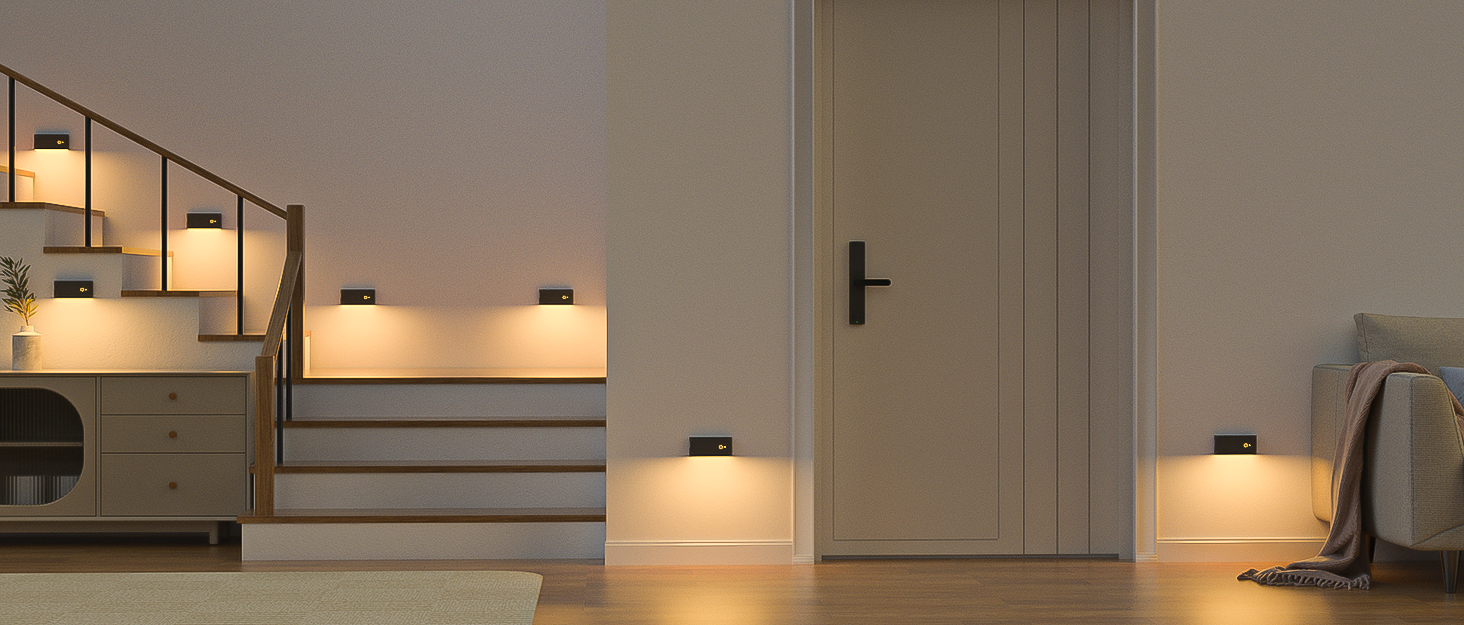 Hallway with multiple wall-mounted light fixtures illuminating the space, showcasing warm, ambient lighting.