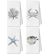 ChissNook Coastal Beach Kitchen Towels, Vintage Crab Coral Starfish Puffer Fish Dish Towels for K...