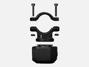 Black plastic mounting brackets or clips shown in various angles, with visible screw holes and connection points.