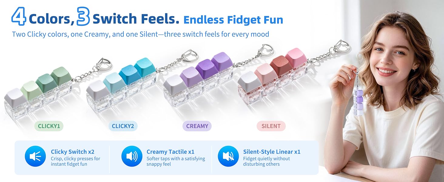Xirtolve Keyboard Fidget Toy Keychain, 4 Pack, 2 Clicky, 1 Creamy, 1 Silent