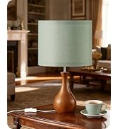 GOEBLESON Small Table Lamp, 14.2" Cute Little Desk Lamp, Wood Bedside Lamp with Linen Lampshade, ...