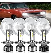 HMCYCI 5 3/4'' 5.75 inch Headlight Round 4pcs Reflector + 4pcs H4 LED Bulbs Hi/Lo Beam Sealed Bea...