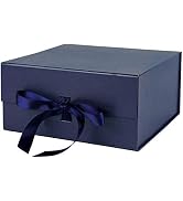 WRAPAHOLIC 2Pcs Navy Gift Box with Satin Ribbon, 8x8x4 Inches Collapsible Gift Box with Magnetic ...