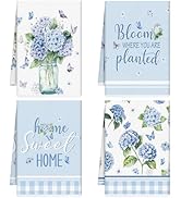 Blue Hydrangea Floral Kitchen Towels Set of 2, Spring Flowers Dish Towels, Microfiber Hydrangea V...