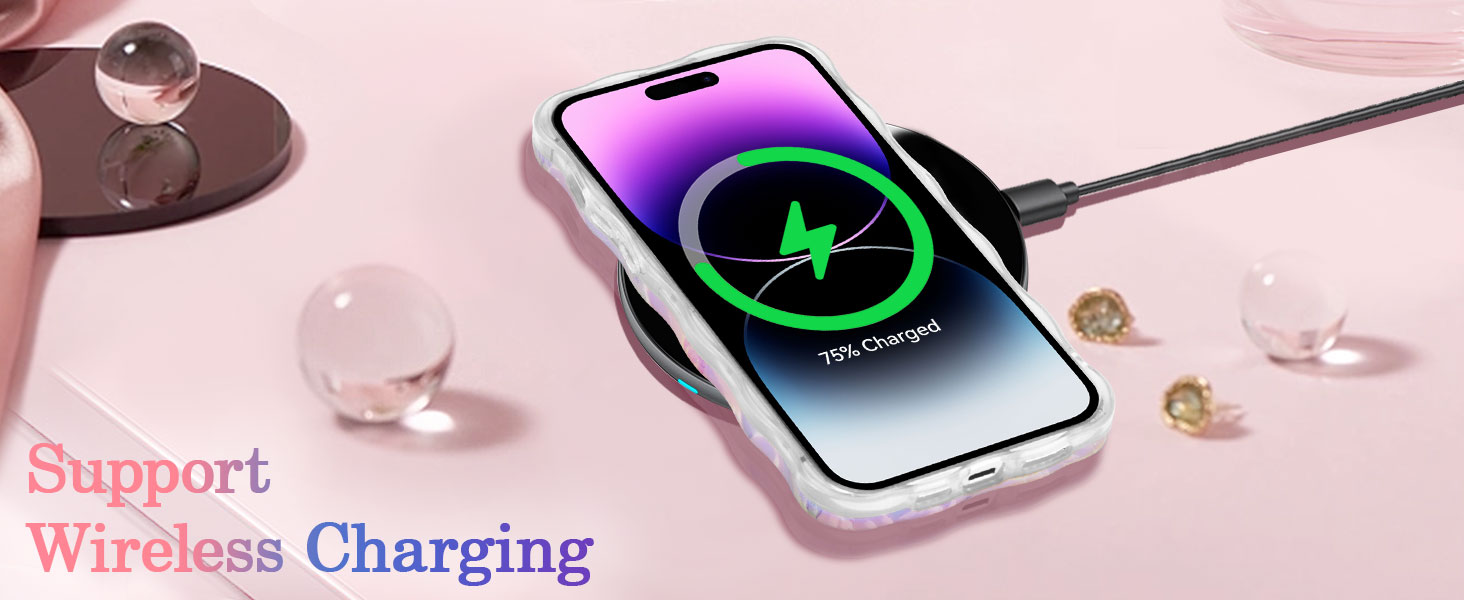 Smartphone displaying green charging icon on pink background, with wireless earbuds nearby. Text indicates support for wireless charging.