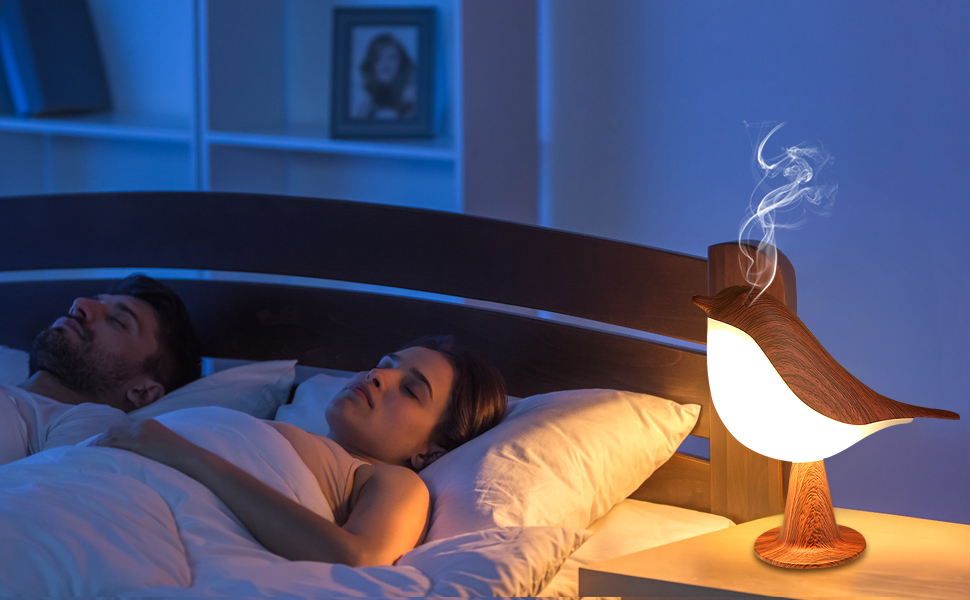 Nightlight shaped like a bird on a branch. Glowing warm light illuminates a darkened bedroom with two people sleeping in a bed.