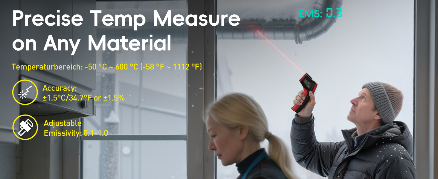 Text reads 'Precise Temp Measure' and 'on Any Material'. Demonstration of infrared thermometer being used to measure temperature on various surfaces.