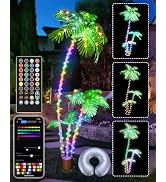 7FT Smart Lighted Palm Tree, DIY Color Changing LED Artificial Palm Tree 3 Trunks, Music Sync Tim...