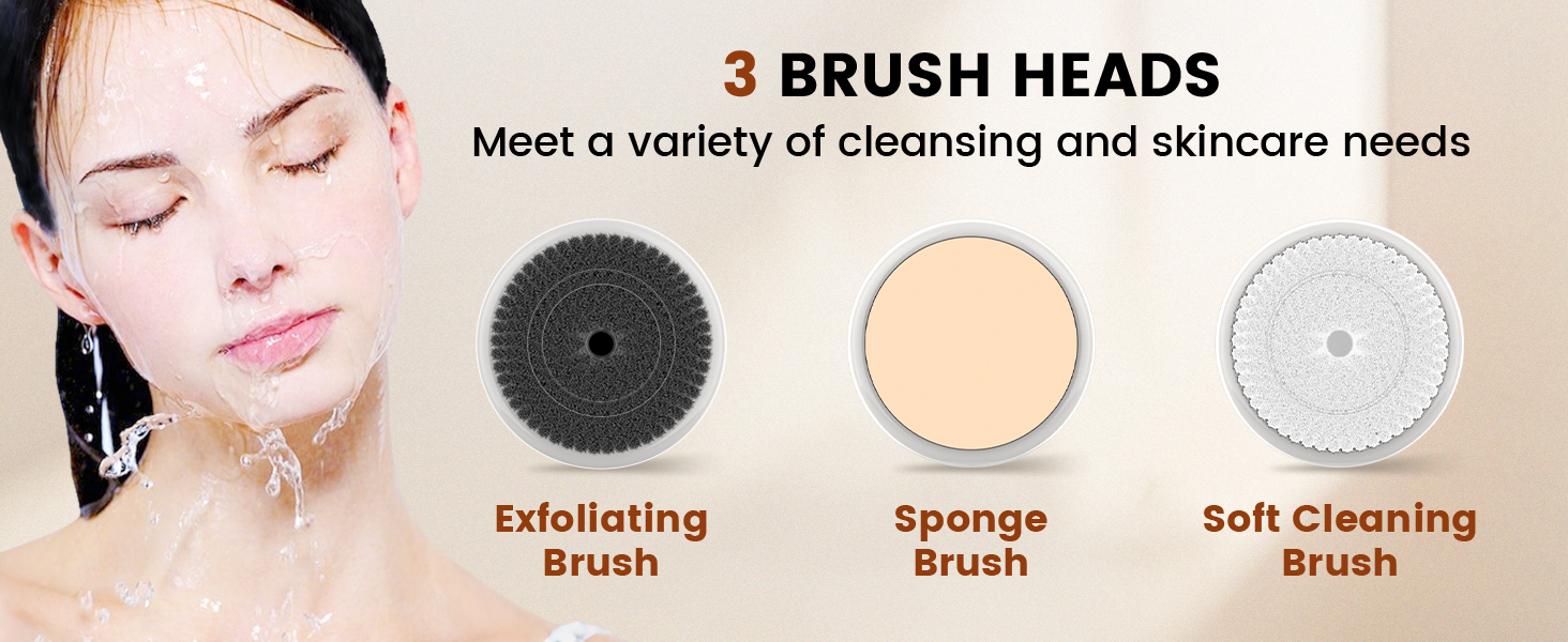Electric facial cleansing brush with 3 brush head