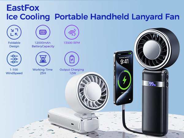 EastFox Power Bank & Ice Cooling Portable Handheld Lanyard Fan