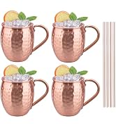 TJ Moscow Mule Mugs Set of 4, 100% Pure Copper Cups 17 oz, Handcrafted Copper Mugs w/Straws, Tarn...