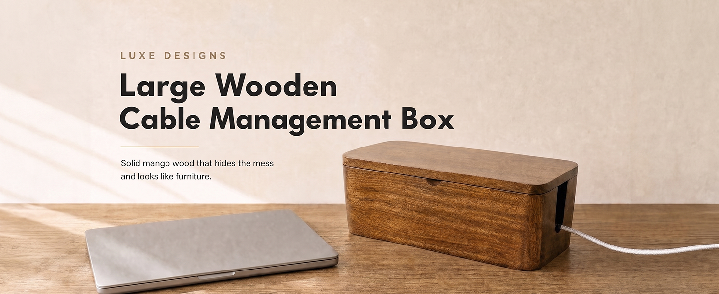 Closed mango wood cable box on a console hiding a power strip, one cord out the end slot