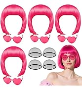 PLULON 4Pcs Hot Pink Bob Wigs with Heart Plastic Sunglasses Hair Cap for Women, Neon Short Bob Wi...