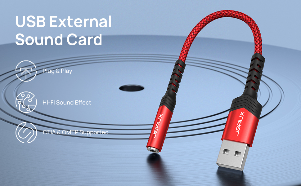 Text reads 'USB External Sound Card'. Red and black USB audio adapter with curved design shown against blue-gray background with circular sound wave graphics.