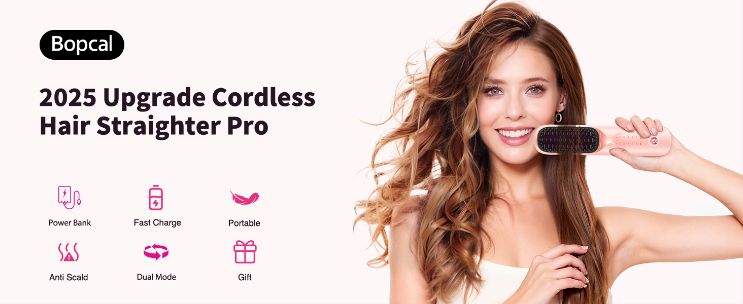 cordless hair straightening brush portable hair straightener women wireless travel gift Pink ionic
