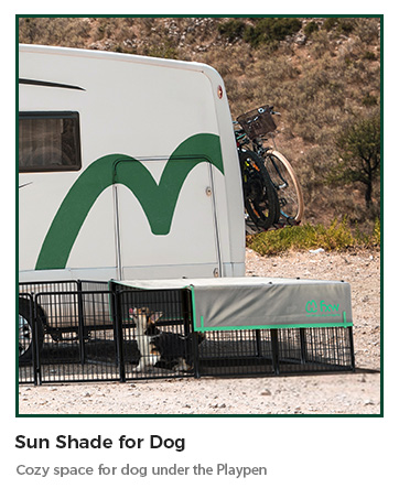Outdoor dog sun shade attachment for playpen, featuring white and green canopy design providing covered space.