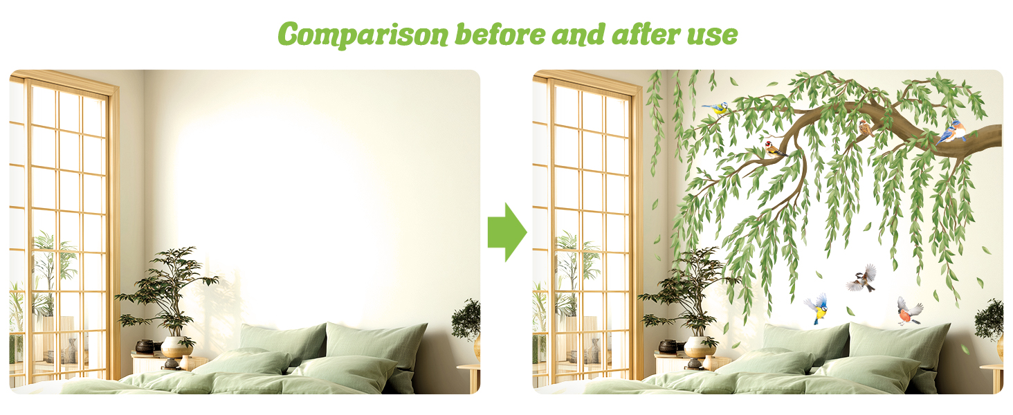 Text reads 'Comparison before and after use'. Two side-by-side interior room images showing space with and without hanging plants.