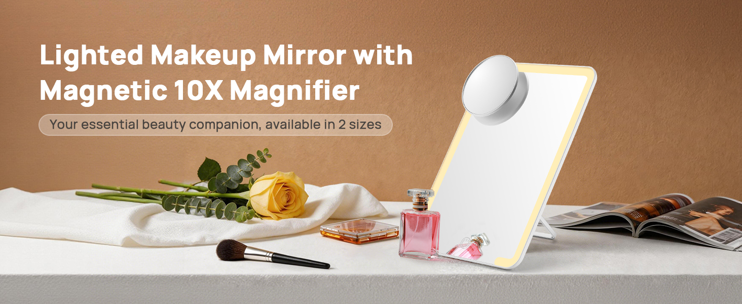 lighted makeup mirror with magnetic 10x magnifier