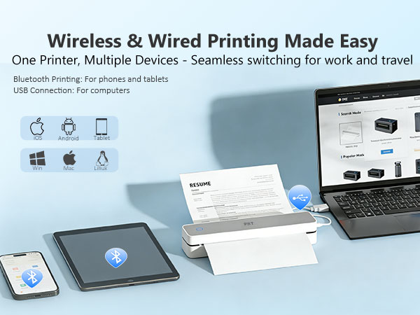 Inkless Portable Thermal Printer, Wireless Bluetooth Mobile Printer for Travel