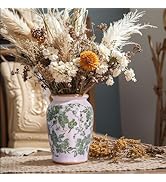 Rustic Farmhouse Green Floral Vase, 7.9in Vintage Ice-Cracked Ceramic Pottery Vase, Chinoiserie D...