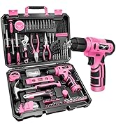 JENABOM Tool Set:Pink Tool Kit with 8V Cordless Drill, Tool Box with Drill, Hand Drill Set for Me...