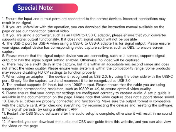 Technical note for device connection. Lists 12 points covering input/output ports, signal connections, compatibility, and troubleshooting for video capture device or adapter.