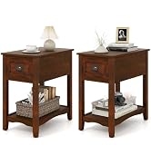 Giantex End Table with Drawer Set of 2, Retro Narrow Side Table, Nightstand with Solid Wood & Sto...