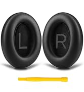 Two black oval-shaped earphone cushions or earpads. Left pad marked with 'L', right pad with 'R'. Yellow bar at bottom of image.