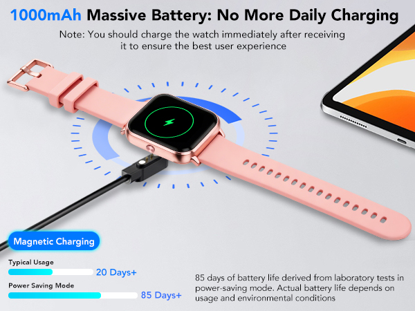 Text reads '1000mAh Massive Battery: No More Daily Charging'. Product illustration showing smartwatch with pink band and charging animation, alongside tablet device.