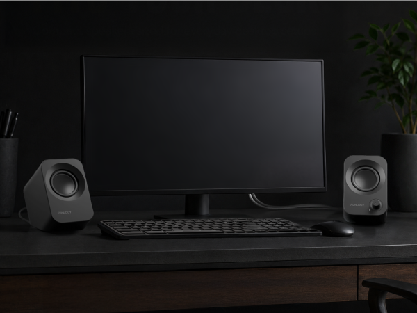 FUNLOGY Speaker Plus pair fitting beside a monitor, keyboard, and mouse.
