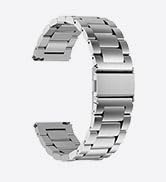 Silver metal watch band with a segmented design, featuring rectangular links and a clasp mechanism. The band is curved to show its flexibility.