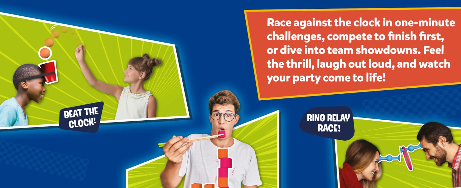 Party game advertisement showing competitive one-minute challenges with text describing fast-paced team gameplay.