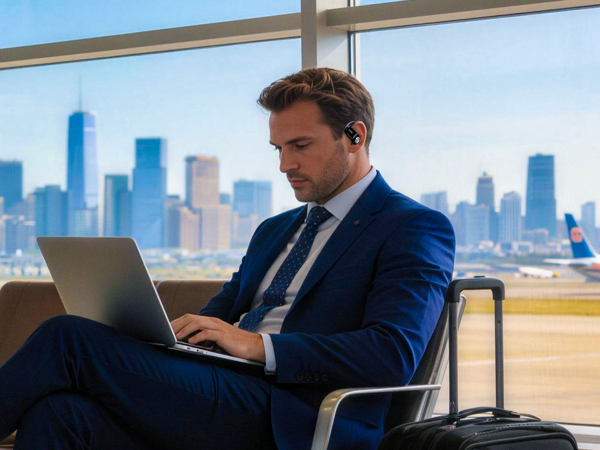 Professional in blue suit working on laptop in modern setting with city skyline visible through large windows.