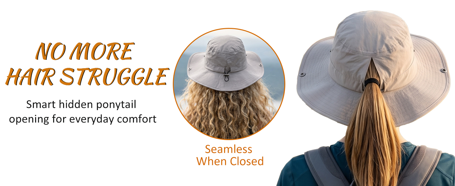 Ponytail sun hat for women with hidden hole, worn with ponytail or hair down, regular look