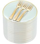 Festiva 200Pcs Pale Sage Green Gold Cake Plates 6.3" with Plastic Forks 5"- Disposable Salad Plat...