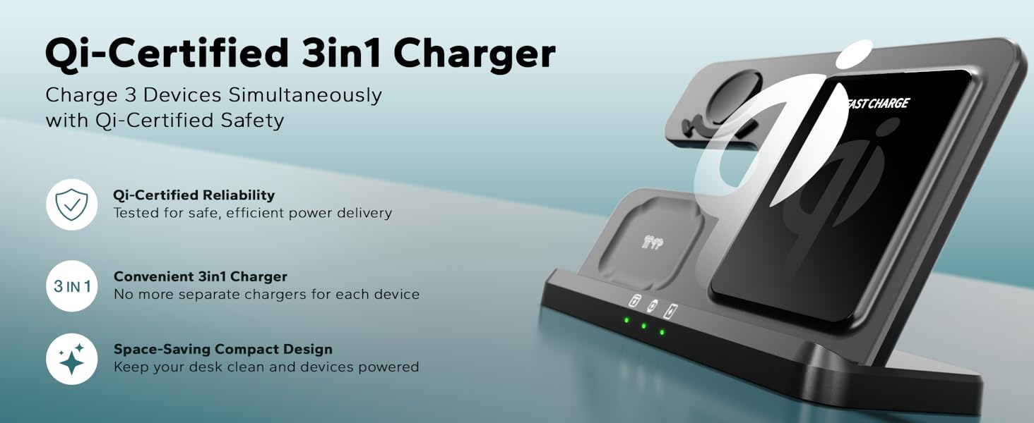 Qi-Certified 3in1 wireless charger fast charging