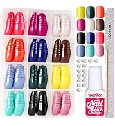 Teenitor Press On Nails Short Square, 12 Colors Short Press On Nails With Nail Glue, Short Glue O...