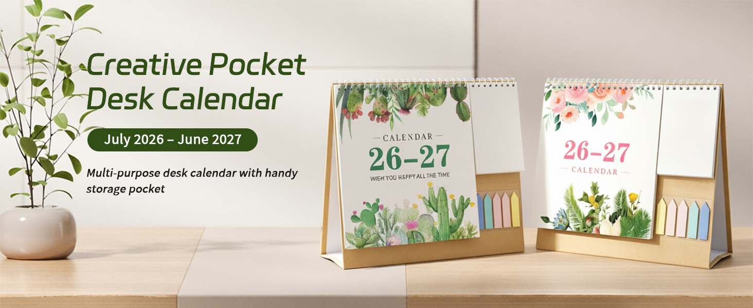 Desk Calendar2026-2027 18 Month with Pocket, July 2026 to June 2027 DesktopPlanner for HomeOffice