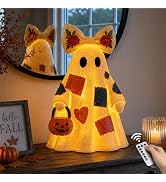 14 in Large Lighted Patchwork Ghost Figurine with Pumpkin Lantern & Remote | Vintage Rustic Resin...