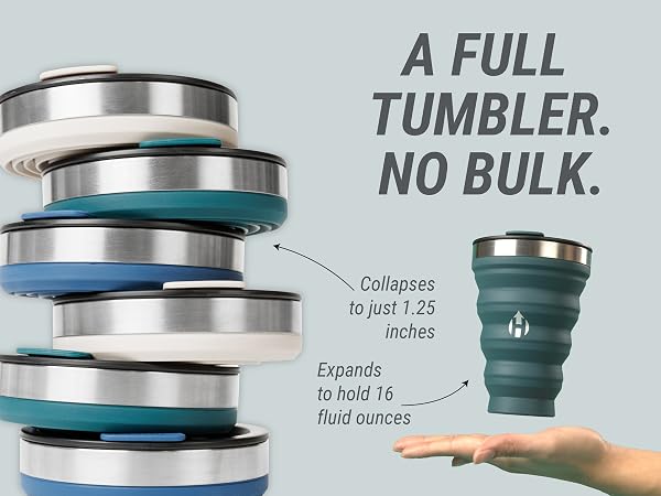 Collapsible 16 oz travel tumbler expands for use and packs flat to 1.25 inches