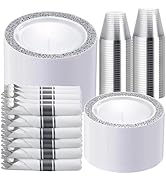 WELLIFE 350 Pieces Silver Disposable Plastic Dinnerware, Silver Lace Plates for Wedding & Party, ...