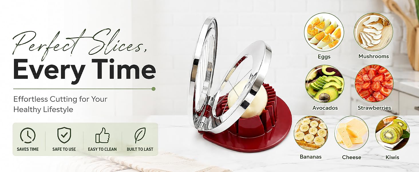 Manual egg slicer with stainless steel wires for slicing boiled eggs, mushrooms, and soft fruits.