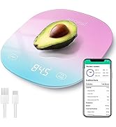 Digital kitchen scale with pastel pink and blue gradient surface, LED display, smartphone connectivity, and USB charging cables. Shows avocado being weighed.