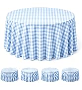 WNINK 4 Pack Blue Gingham Round Tablecloth, 84 Inch Disposable Plastic Table Covers, Blue Checker...
