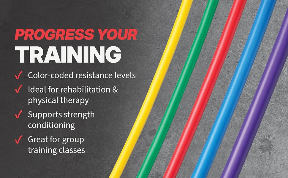 Color-coded resistance tubes showing multiple resistance levels for progressive training